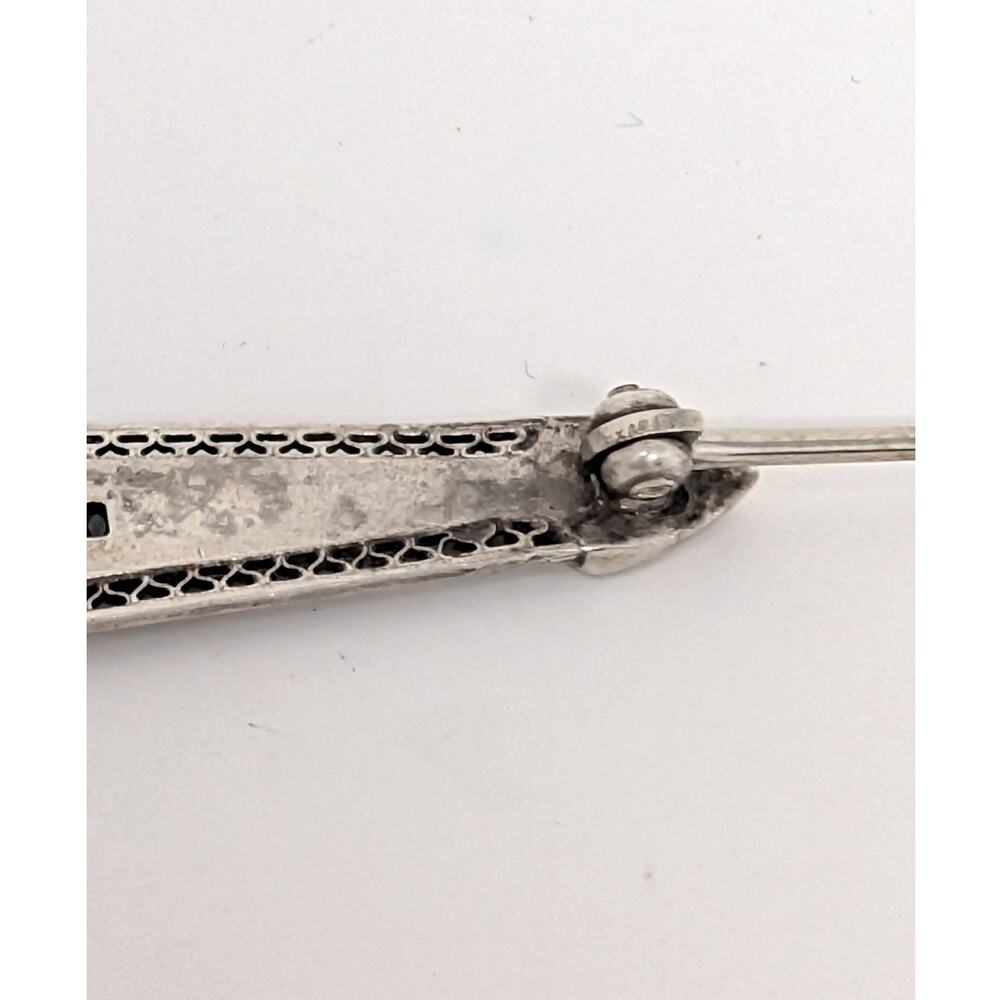 Vintage Art Deco Sterling Silver Green Baguette Rhinestone Bar Brooch - Picture 8 of 13